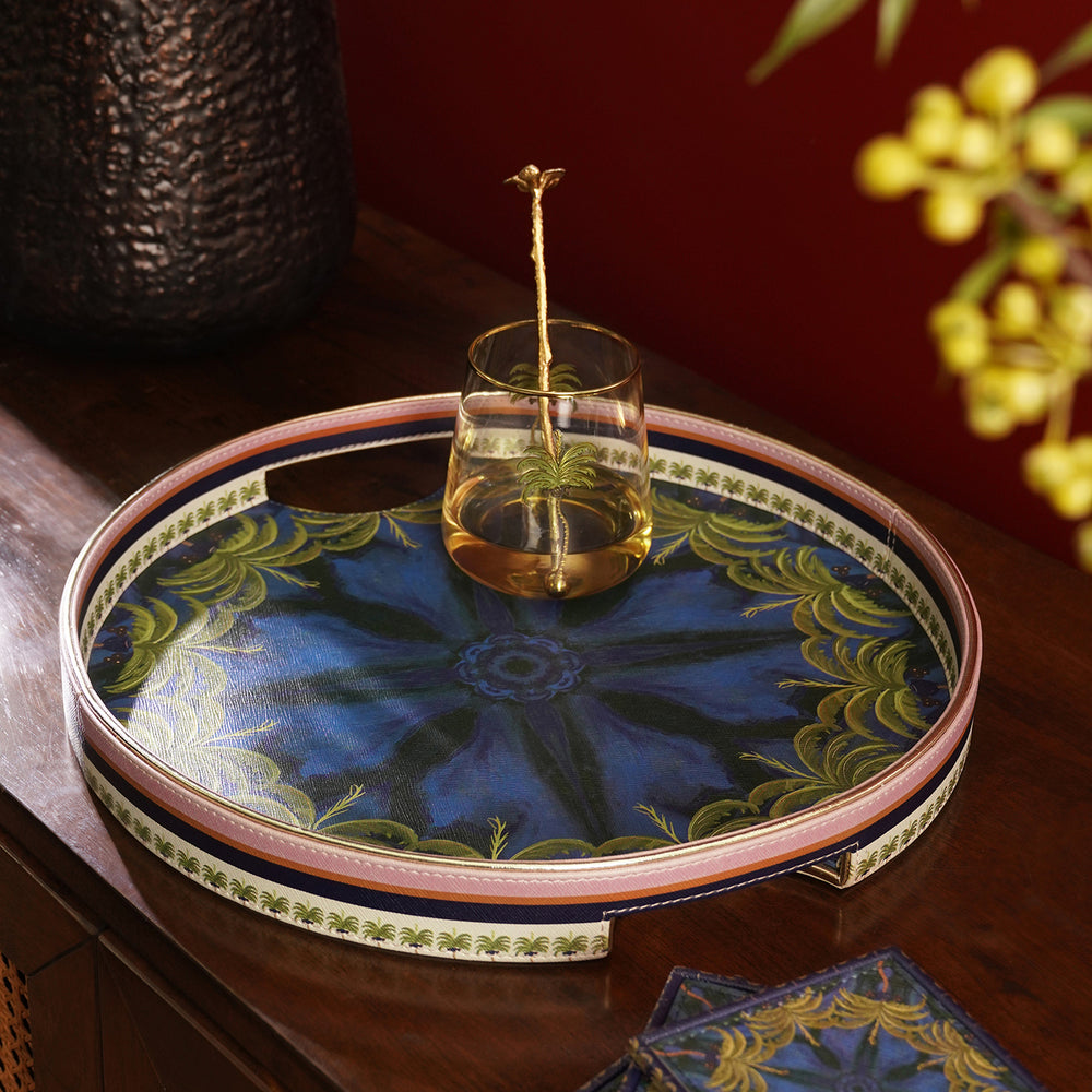 Dark Blue Palmas Printed Round Faux Leather Tray