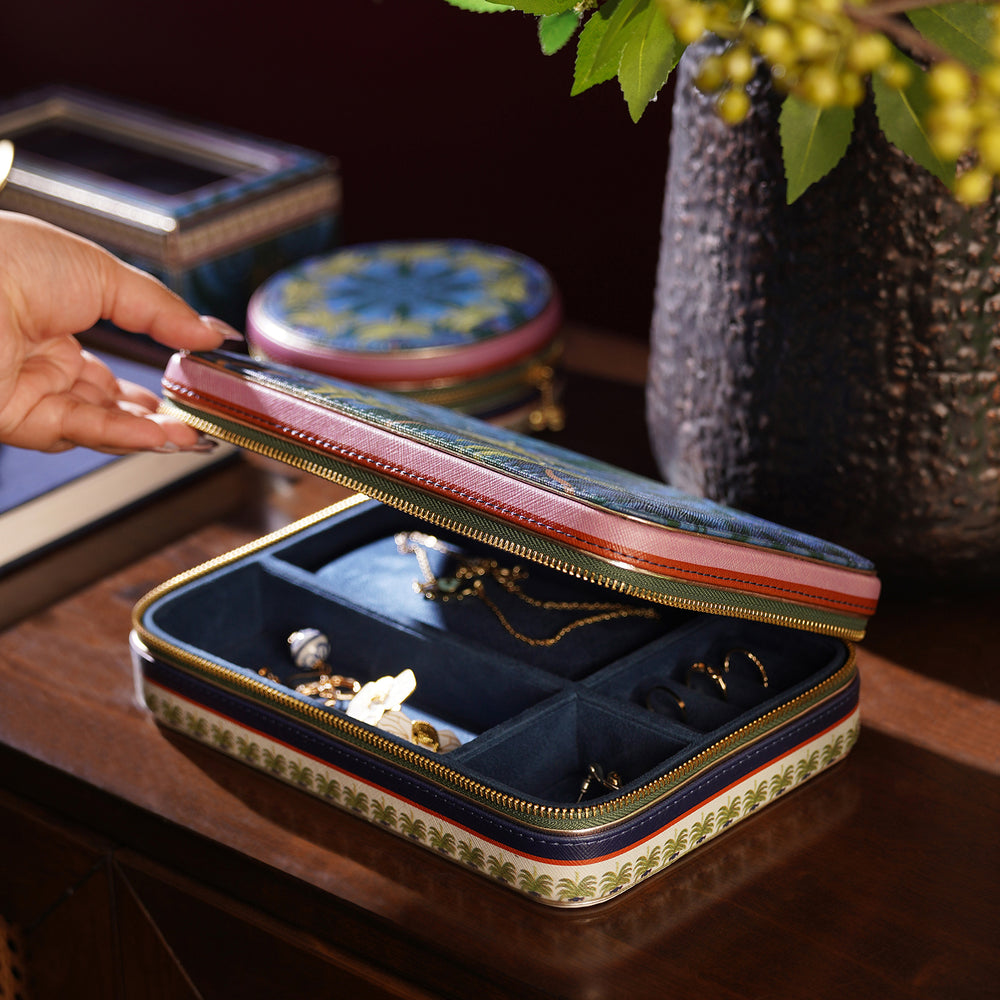 Dark Blue Palmas Print Faux Leather Jewellery Box