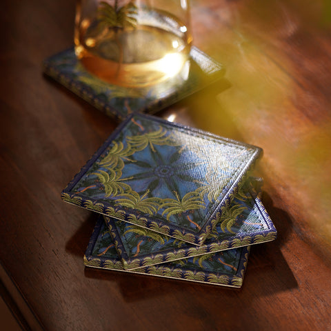 Set of 4 Dark Blue Palmas Printed Faux Leather Coasters