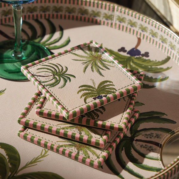 Set Of 4 Beige & Green Palmero Print Faux Leather Coasters