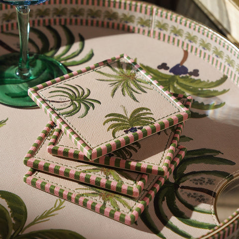 Set Of 4 Beige & Green Palmero Print Faux Leather Coasters