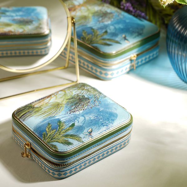 Blue Bergamo Printed Faux Leather Square Jewellery Box