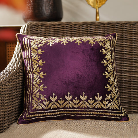 Purple Zari Embroidered Velvet Square Cushion Cover