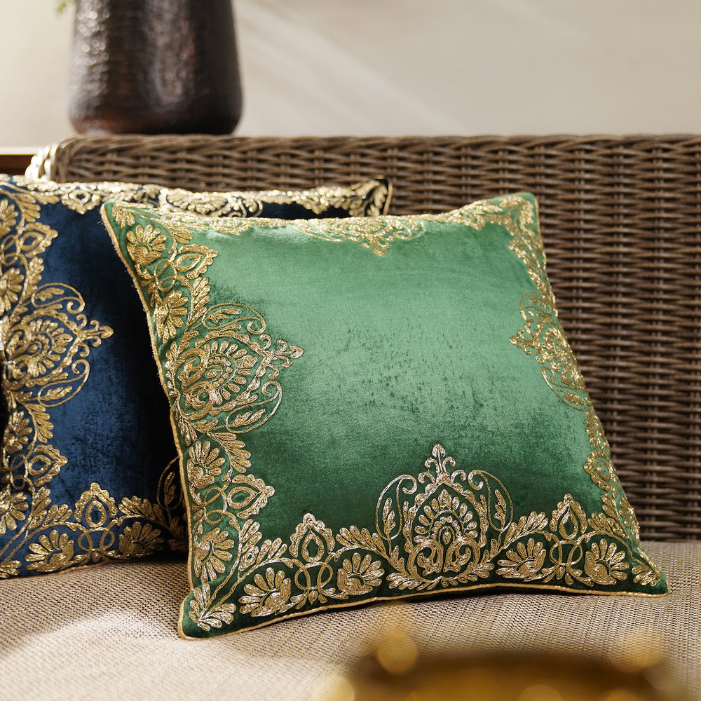 Green Zari Embroidered Velvet Square Cushion Cover