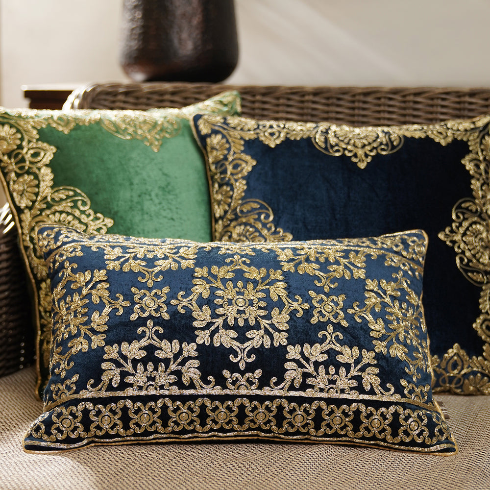 Blue Zari Embroidered Velvet Rectangle Cushion Cover