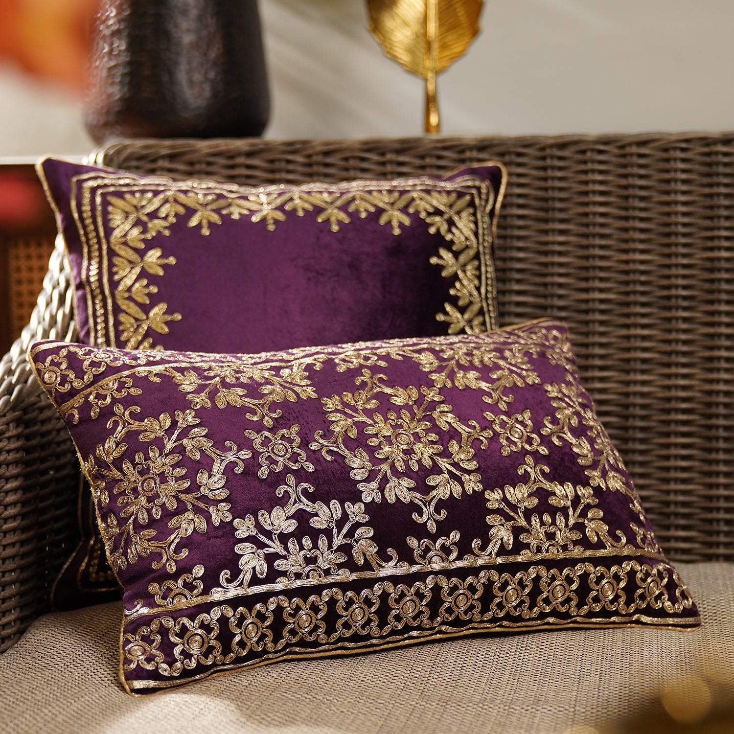 Shop Purple Zari Embroidered Velvet Rectangle Cushion Cover at