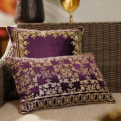 Purple Zari Embroidered Velvet Rectangle Cushion Cover