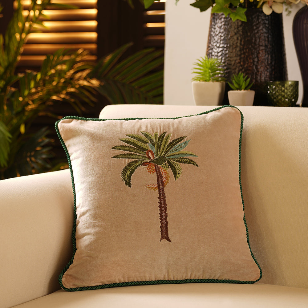 Beige & Green Palm Motif Marina Velvet Cushion Cover