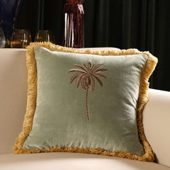 Green Palm Motif Azul Velvet Cushion Cover