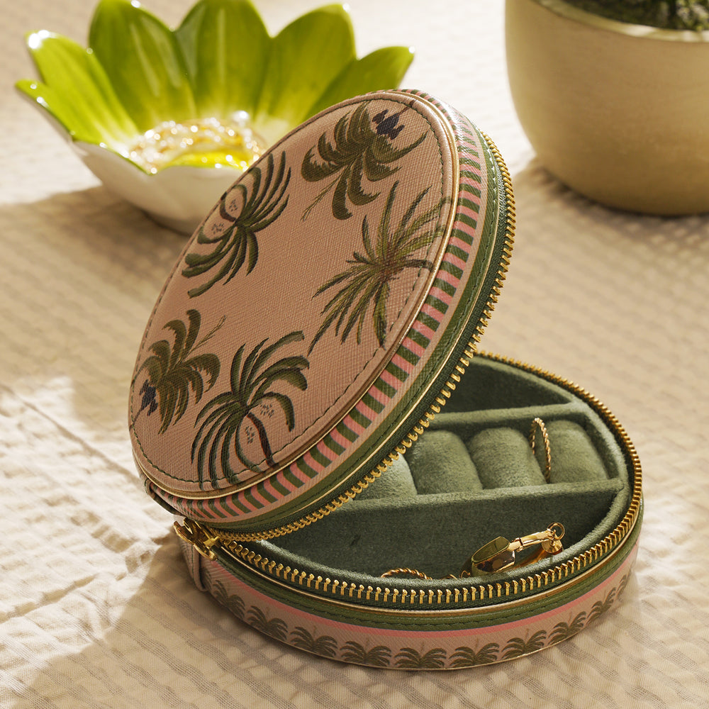 Beige & Green Palmero Printed Round Faux Leather Jewellery Box