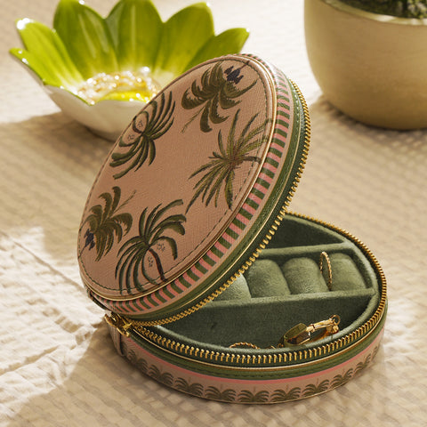 Beige & Green Palmero Printed Round Faux Leather Jewellery Box
