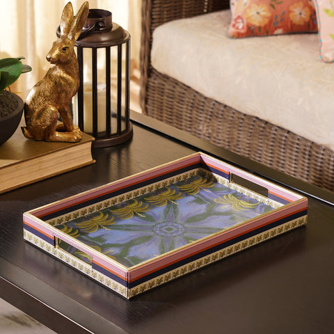 Dark Blue Palmas Printed Rectangle Faux Leather Tray