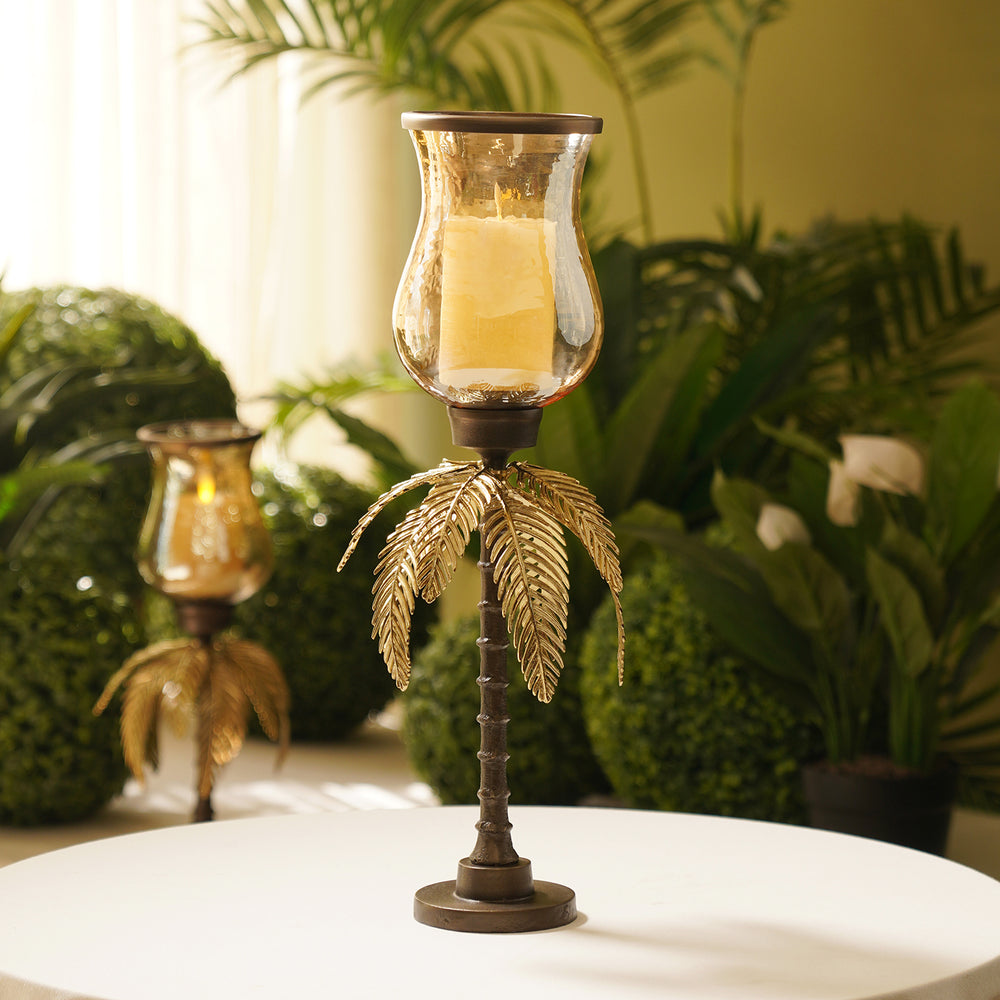 Gold Antique Finish Palm Leaf Glass Hurricane - Large