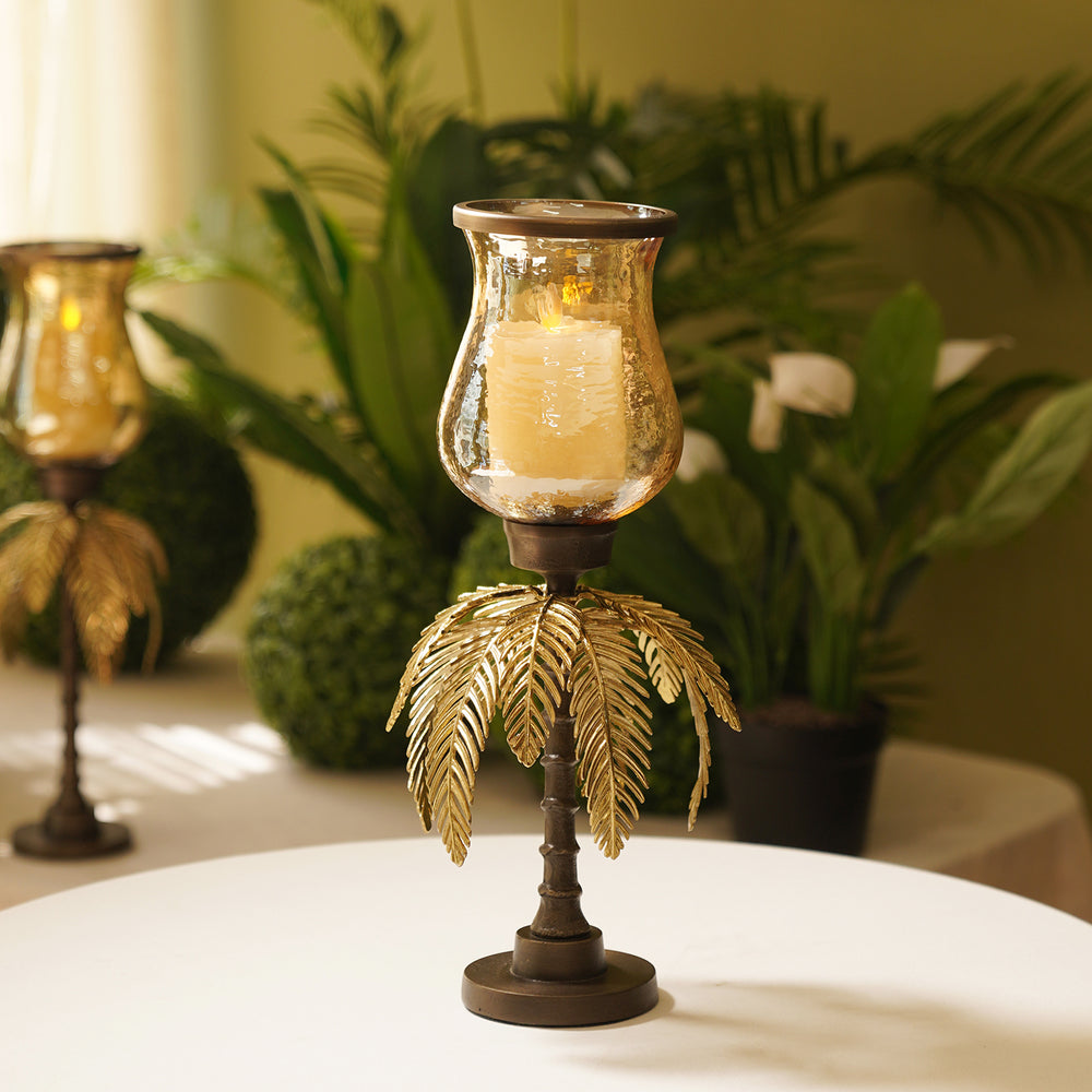 Gold Antique Finish Palm Leaf Glass Hurricane - Medium