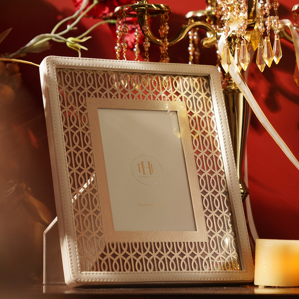 Beige and Gold Lazer Cut Faux Leather Photo Frame - Small