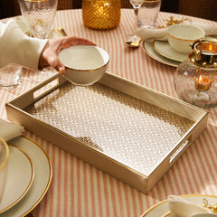 Beige Lazer Cut Rectangle Faux Leather Tray - Small