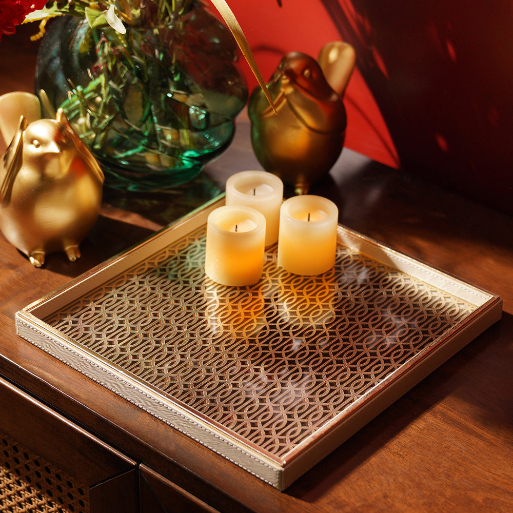 Beige Lazer Cut Glass Faux Leather Platter