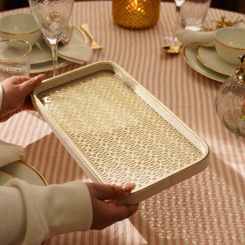 Beige Lazer Cut Faux Leather Rectangle Platter - Small