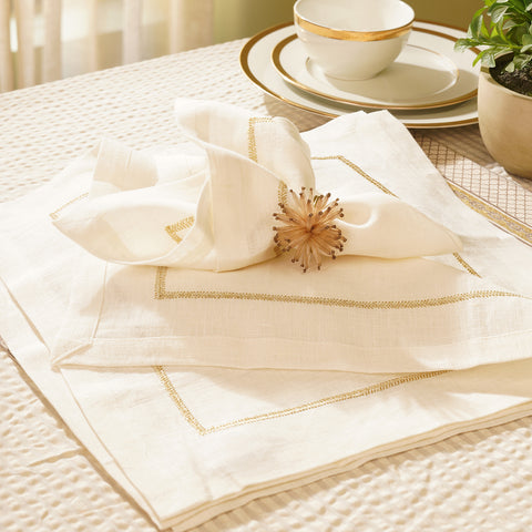 Set of 4 Off White Linen Zari Embroidered Square Napkins