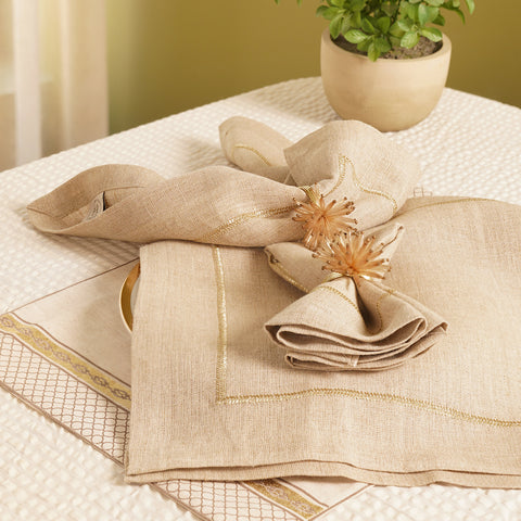 Set of 4 Beige Linen Zari Embroidered Square Napkins
