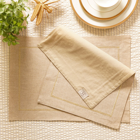 Set of 2 Beige Linen Zari Embroidered Placemats