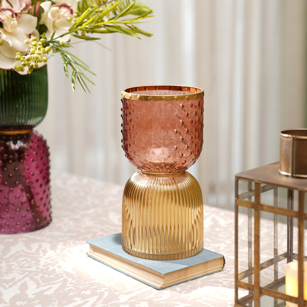 Yellow & Coral Double Shaped Colourblocked Glass Vase