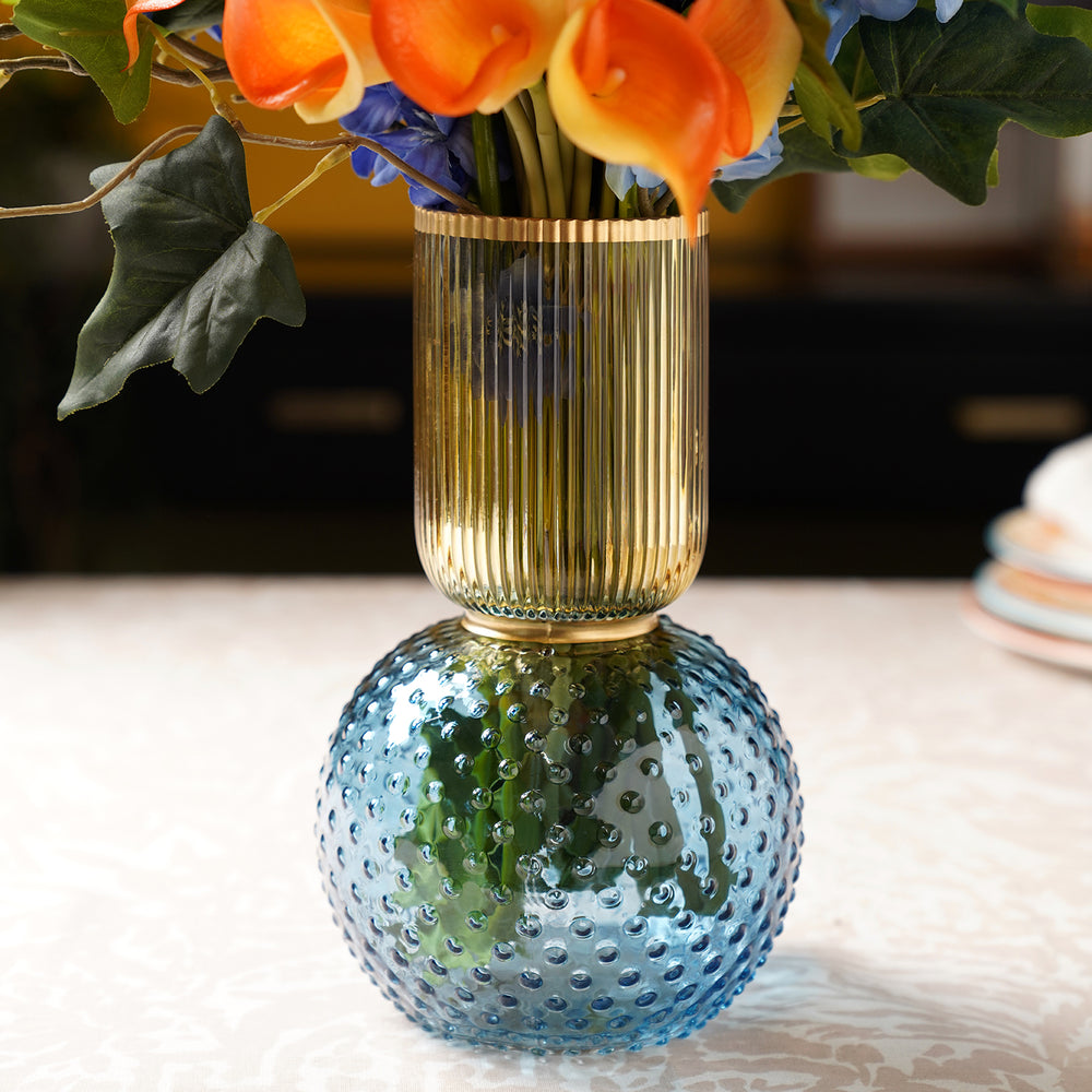 Blue & Yellow Double Shaped Colourblocked Glass Vase