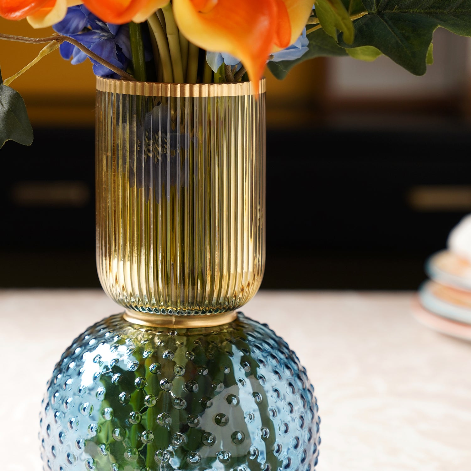 Shop Blue & Yellow Double Shaped Colourblocked Glass Vase - at