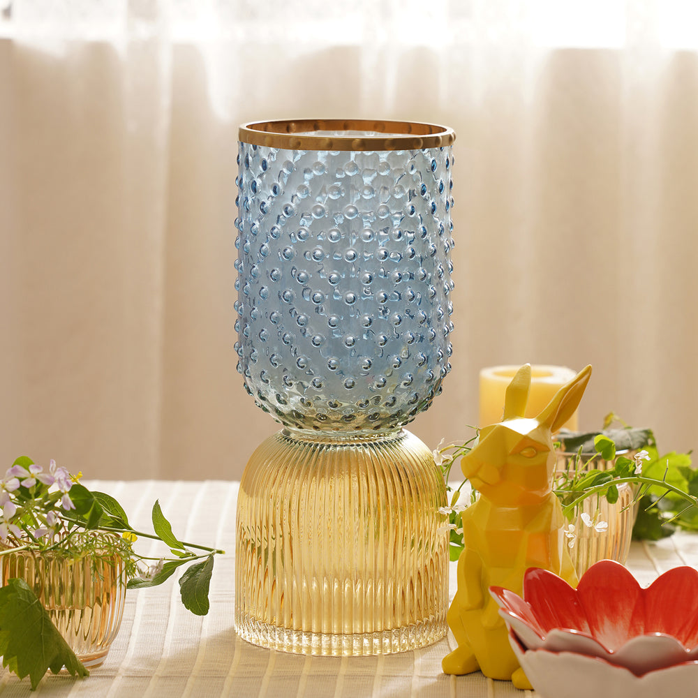 Yellow & Blue Double Shaped Colourblocked Glass Vase