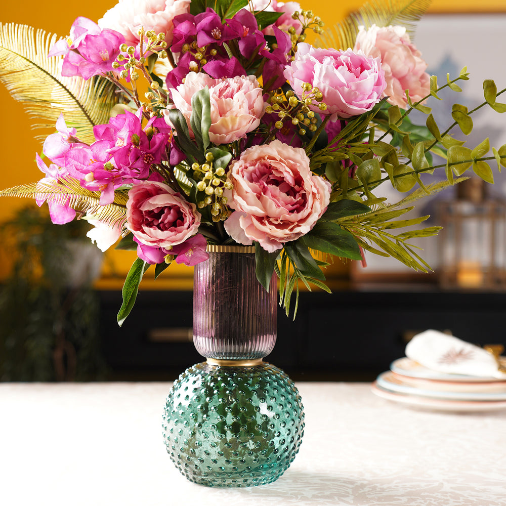 Green & Pink Double Shaped Colourblocked Glass Vase