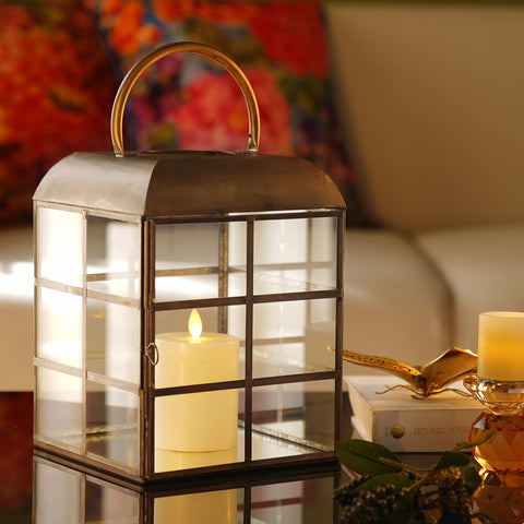 Brown Antique Finish Glass Metal Lantern with & Handle