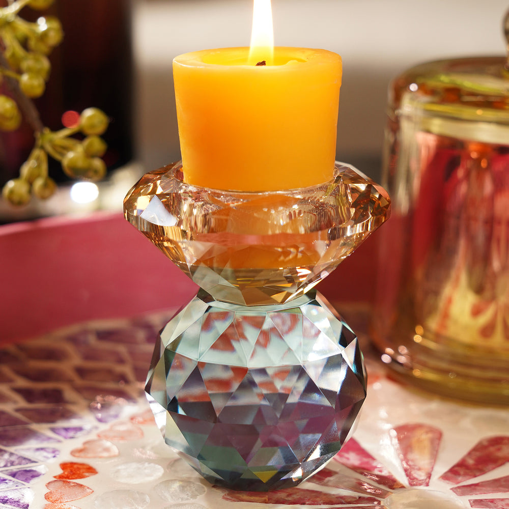 Amber & Turquoise Cut Glass Crystal Candle Holder