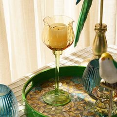 Yellow Tulip Shaped Glass Candle Holder with Stem - Small