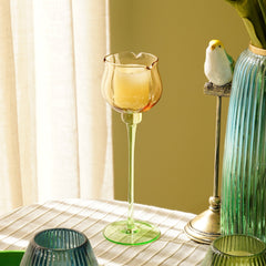 Yellow Tulip Shaped Glass Candle Holder with Stem - Large