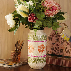 Green & Pink Bamboo Capiz Shell Round Vase - Large