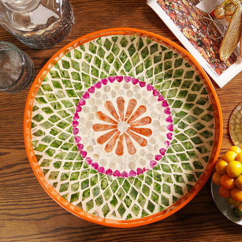 Orange & Green Floral Round  Lacquer Tray