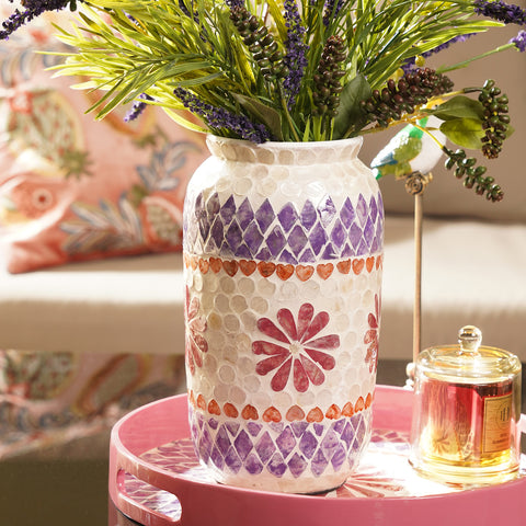 Purple & Orange Floral Print Capiz Shell Vase - Small