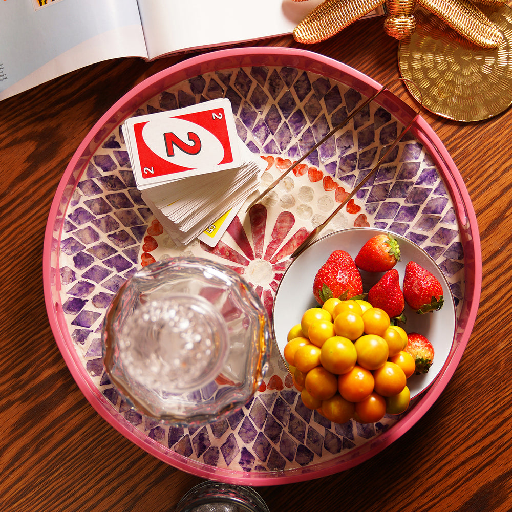 Pink & Purple Floral Round  Lacquer Tray