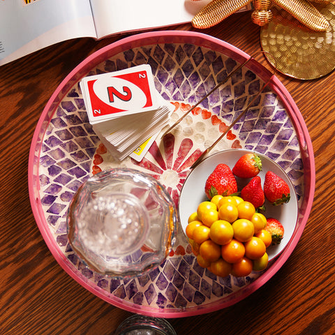 Pink & Purple Floral Round  Lacquer Tray