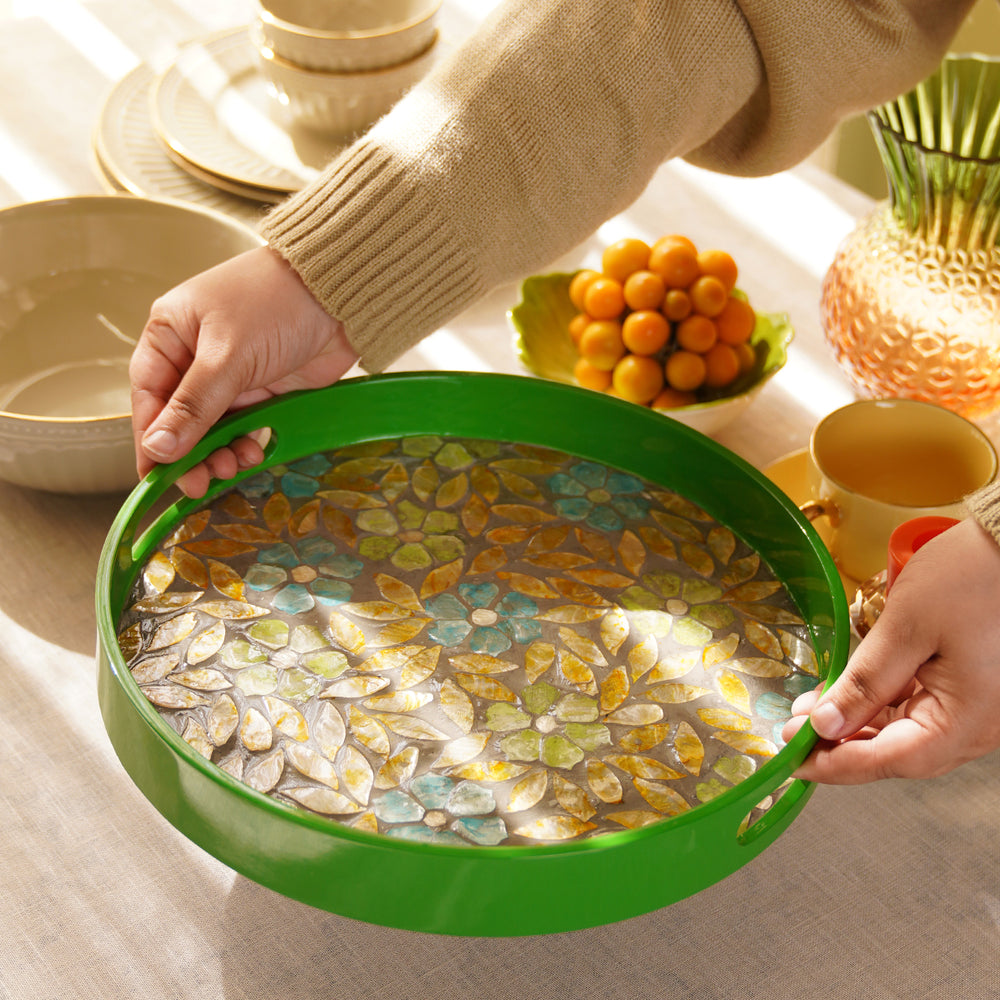 Blue & Green Bamboo  Round Tray