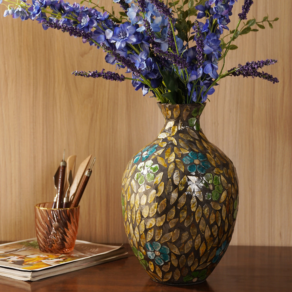 Blue & Green Bamboo Capiz Shell Round Vase - Large