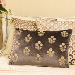 Brown Floral Embroidered Rectangle Cushion Cover