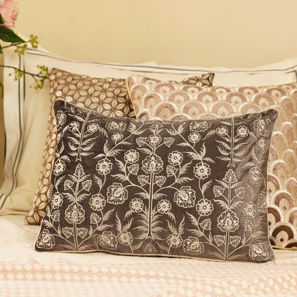 Dark Brown Floral Embroidered Rectangle Cushion Cover