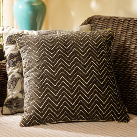 Brown Zig Zag Threadwork Square Cushion Cover