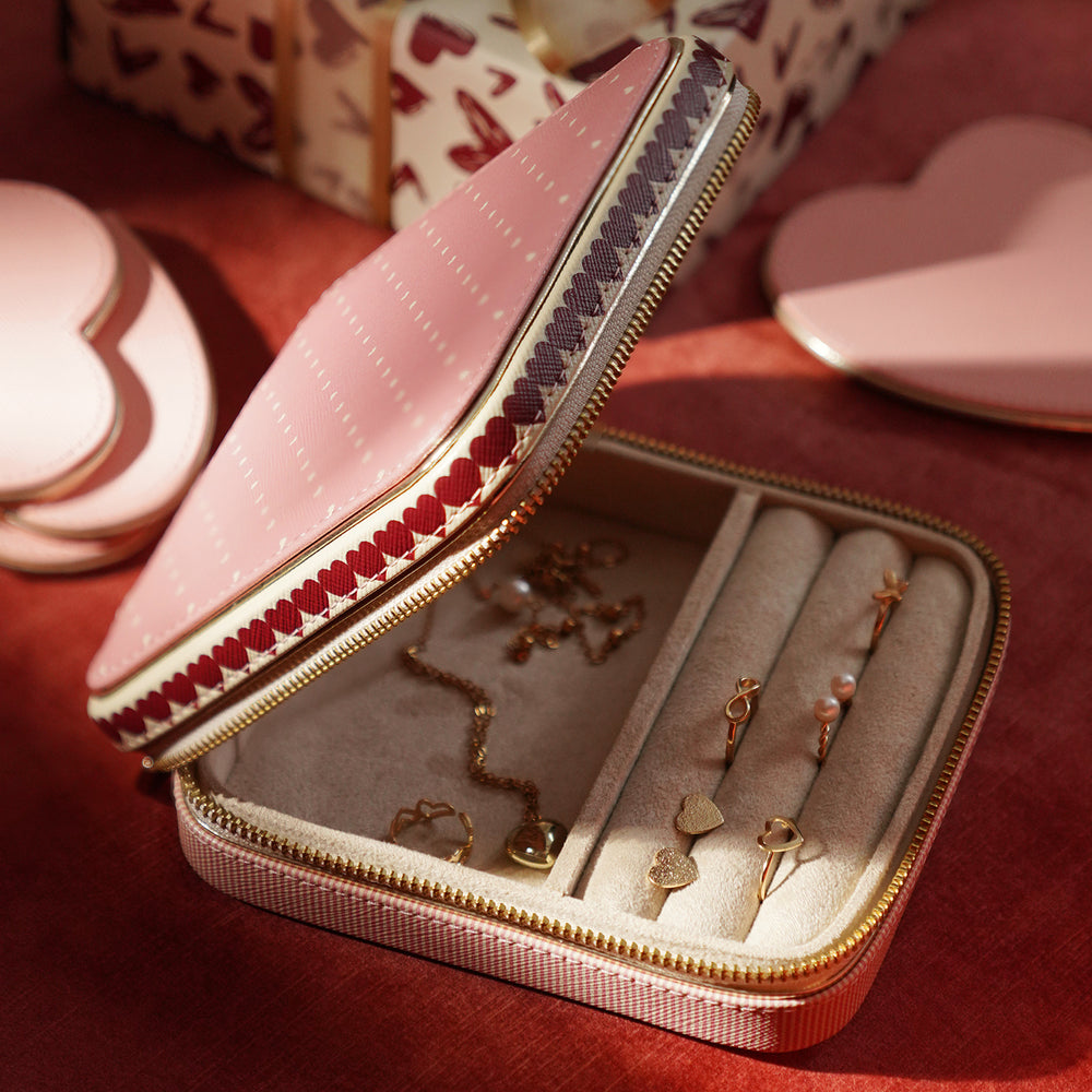 Pink & Ivory Printed Faux Leather Travel Jewellery Box
