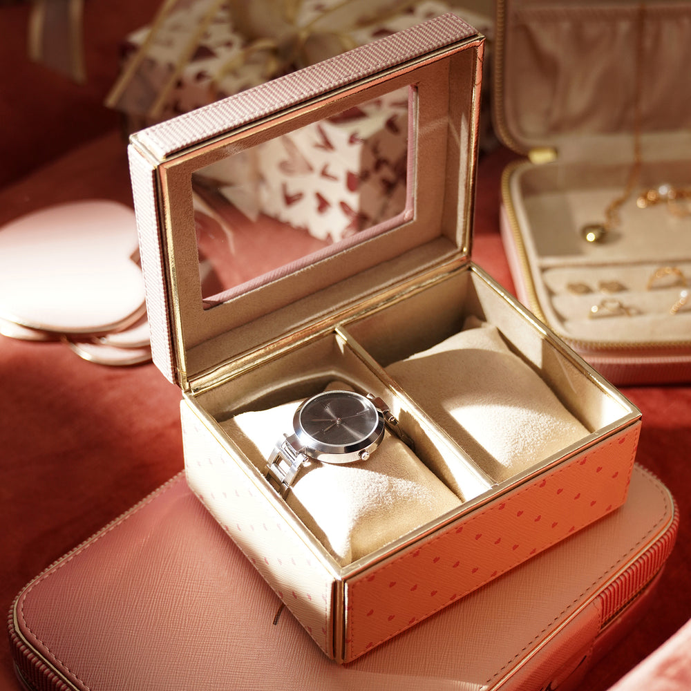 Pink & Ivory Printed 2 Compartment Faux Leather Watch Box