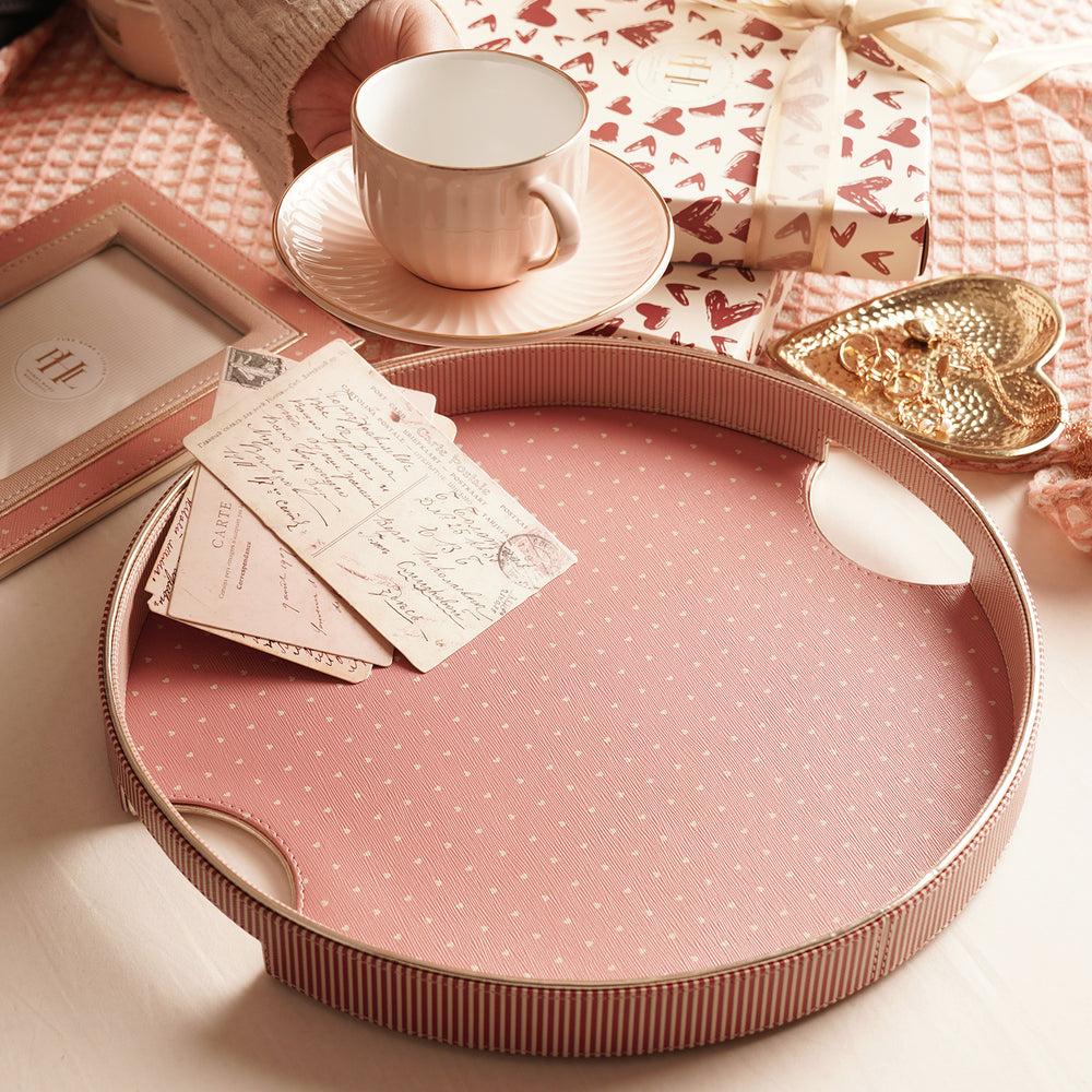 Pink & Ivory Printed Round Faux Leather Tray