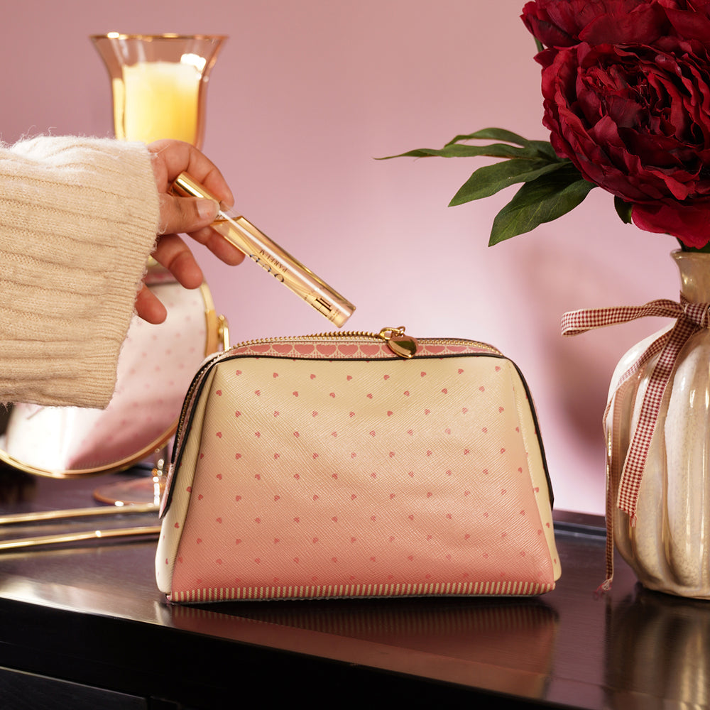 Pink & Ivory Printed Faux Leather Vanity Pouch - Small
