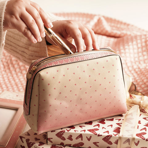 Pink & Ivory Printed Faux Leather Vanity Pouch - Large