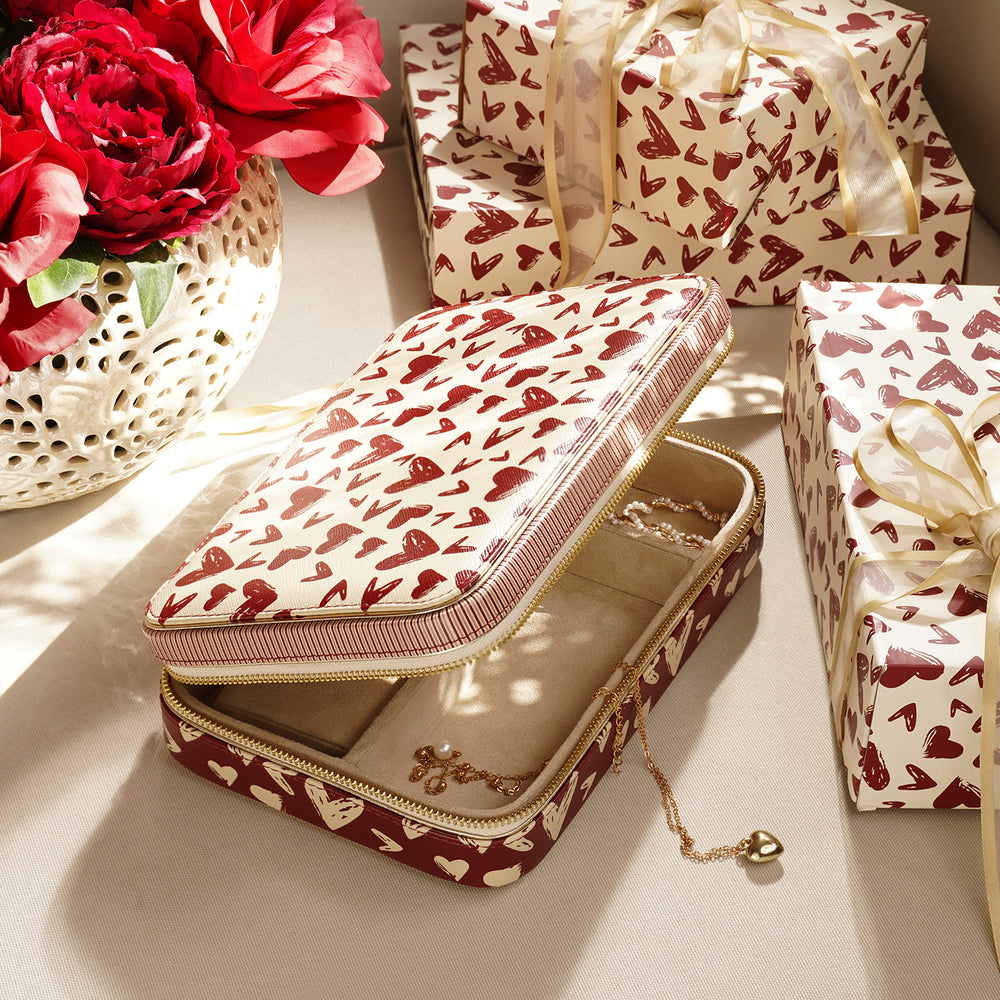 Ivory Printed Faux Leather Travel Jewellery Box - Large